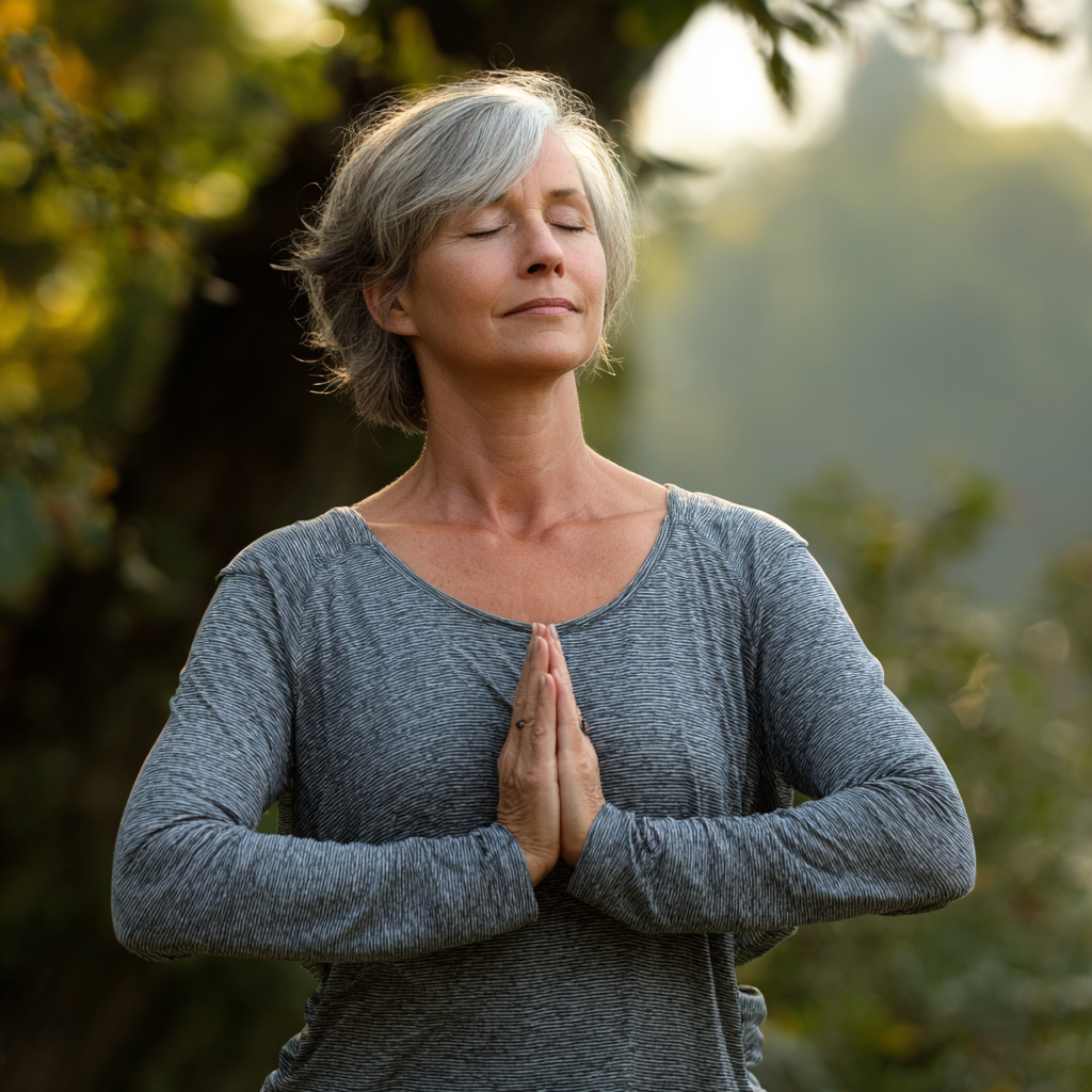 mature woman practicing gentle yoga poses in peaceful setting